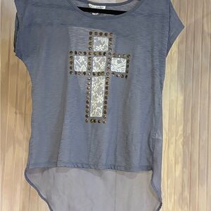Women's Short Sleeve Top with Cross Design - Gray